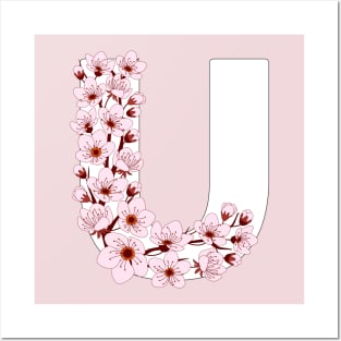 Colorful capital letter U patterned with sakura twig Posters and Art